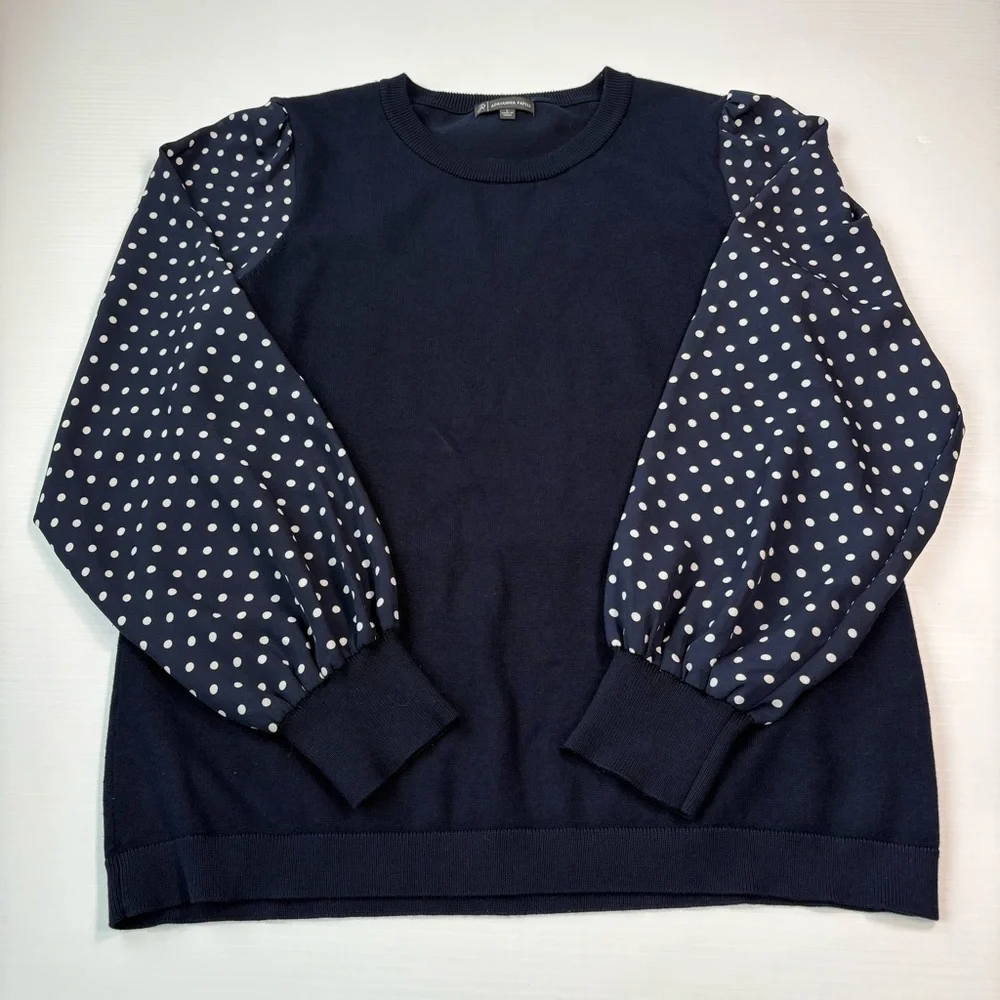 Adrianna Papell Dark Blue Top with Polka Dot Pattern Sheer Sleeves SzL Preppy - Picture 11 of 11